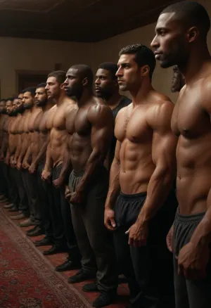 A line of muscular black men with big black cocks in their hands waiting to fuck an Iranian woman.