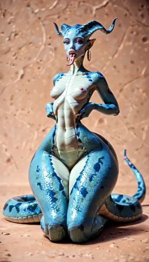Scaly skin, (florescent blue skin:1), alien girl, shiny skin beautiful face, ornate horns, no hair, head crest, (tiny waist:1.5), (oversized thick thighs:1.5), bare medium size rounded breasts, c cup breasts, exposed navel, stomach exposed, bitting lip, waist, bimbo lips, (oversized wide hips:1.5), space background, naked body, ultra long legs, full body shot, snake tongue, snake skin, long thick tail, kneeling, holding own waist