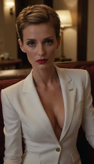 close up, face focus, 1/2 body view, french mature woman, ((completely clothing)), ((in skinny white suit)), (very skinny tanned body), (big natural breasts), ((dark blonde updo haircut)), 40 years old, perfect face, ((sad:1.3)), blue eyes, Contouring makeup, burgundy lipstick, sitting on sofa, microskirt, extremely, short, skirt, <lora:MicroSkirt_XL:.5>, <lora:580159_training_data:.5>