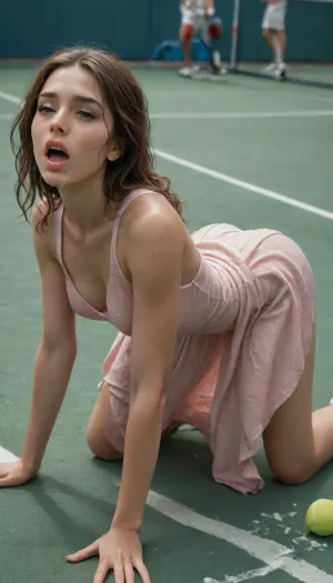 View from side, fully clothed, cum covered 30yo beautiful sexy tennis palyer, on all fours after being fucked, (((satin dress))), sexy dress lifted over her arse, slender body, long messy hair, moaning, mouth opened, (34c natural breasts), (tennis court by net), cinematic masterpiece, all, fours, arching4s, woman, cum, on, face, <lora:arching4s:.5>, <lora:JustCum:.4>, tennis, dress, <lora:xl_tennis_dress-1.0:.5>