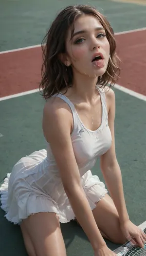 View from side, fully clothed, cum covered 30yo beautiful sexy tennis palyer, on all fours after being fucked, (((satin dress))), sexy dress lifted over her arse, slender body, long messy hair, moaning, mouth opened, (34c natural breasts), (tennis court by net), cinematic masterpiece, all, fours, arching4s, woman, cum, on, face, tennis, dress, <lora:arching4s:.5>, <lora:JustCum:.8>, <lora:xl_tennis_dress-1.0:1.1>, <lora:add-detail-xl:.5>