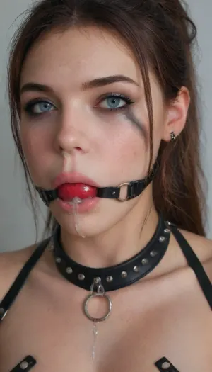 Fool body Portrait, 8k uhd, high quality, high resolution, all of focus, ultra-detailed, professional photography, photorealism, realistic, sharp line, beautiful sexy fit dark goth girl, beautiful face, long hair, ponytail, dark blonde hair seductive face, makeup, mascara, ((smeared makeup, messy mascara, mascara line, smeared mascara)), (((cum on face, cum on mouth, cum on tits))), exposed tits, dark lipstick, slave collar, nipple rings, septum piercing, (((harness ball gag))), (((haness ballgag, face harness, (harness gag), trainier gag, big harness))), piercing, ring, ghv7, gag, harn3ss, bondage, harness, crotchless, <lora:ballgag:1>, <lora:nippleRing:.7>