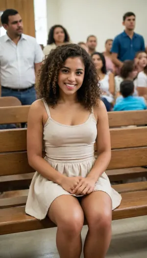 a 25 years old brazilian christian woman siting on a bench at a crowded pentecostal church, using a linen miniskirt, without panties, very detailed skin and pussy labia, pantyless, smiling, high definition photograph, upskirt shot, bottom pov, curly hair, <lora:281928_training_data:.6>