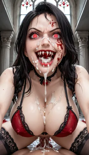 A tall athletic seductive statuesque seductive busty vampire naked riding a man's large penis in a gothic castle bedroom, nipple-less bra, hypnotic gaze, hypno spiral eyes, gothic lingerie, lace stockings, choker, victorian lingerie and jeweler, panties aside, her vaginal is squeezing the cum out of his penis, vampire fangs, blood on her teeth, creampie, excessive cum, huge breasts, blood on face, vomiting blood, pronounced feminine features, (angry), (smiling), pale skin, extremely long black hair, blood pouring out of her mouth, bloodyface, blood, cwgr, girl, pov, pale, skin, Object, gd, erection, sex, toy, penis, large, <lora:lora-bloodyface-lite:.5>, <lora:cwgr:.5>, <lora:Pale_Skin_SDXL_v1.0:.5>, <lora:Penis_XL:.5>
