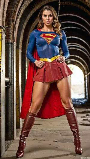 Dungeon, sewer tunnel, smelly sewer, Super girl, 20-year-old girl, in the sewer, (((Very sexy woman))), (((shows boobs))), realistic image, ((highest quality)), (((real photo))), bulging veins, (photorealism:1.4), in a dark red puffy skirt, supermini skirt, blue top with Superman logo, sexy high-heeled boots, skinny, full body view, dynamic pose, athletic pose, uniform, big tits, athletic build, lean torso, muscular legs, height 5 feet, ((((Show me your legs)))), ((show me your pussy)), (superhero costume), full-length, (realistic:1.3), (photorealism:1.3), high quality, 4k, (incredible detail:1.3), masterpiece, intricate, (high-quality leather with details:1.3), (raw photo, best quality:1.4), (High-quality detailed color photo in RAW format:1.3), high resolution, 8k UHD, (full-length 1.3), ((very large disproportionate bust)), (long slender legs), ((torn clothes)), full body display, giant breasts, ((naked pussy)), Side view from the front, under the skirt, vagina, outside, front, ((without panties)), ((standing tall)), dangerous, laura, (Superman.":.5), (Envious XL01:.5), wearing, spcc, costume, with, cape, Superman, precarious, breastclamp, <lora:SDXL1.0_Essenz-series-by-AI_Characters_Outfit_CWSupergirl-v1.0-'Skynet':.7>, <lora:Superman v3:.5>, <lora:EnvyPrecariousXL01:.5>, <lora:breastclamp_SDXL_reg0_03s:.5>, <lora:rearpussy-xl-1.0:.5>