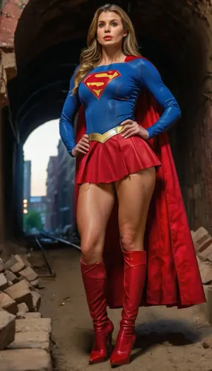 Dungeon, sewer tunnel, smelly sewer, Super girl, 20-year-old girl, in the sewer, (((Very sexy woman))), (((shows boobs))), realistic image, ((highest quality)), (((real photo))), bulging veins, (photorealism:1.4), in a dark red puffy skirt, supermini skirt, blue top with Superman logo, sexy high-heeled boots, skinny, full body view, dynamic pose, athletic pose, uniform, big tits, athletic build, lean torso, muscular legs, height 5 feet, ((((Show me your legs)))), ((show me your pussy)), (superhero costume), full-length, (realistic:1.3), (photorealism:1.3), high quality, 4k, (incredible detail:1.3), masterpiece, intricate, (high-quality leather with details:1.3), (raw photo, best quality:1.4), (High-quality detailed color photo in RAW format:1.3), high resolution, 8k UHD, (full-length 1.3), ((very large disproportionate bust)), (long slender legs), ((torn clothes)), full body display, giant breasts, ((naked pussy)), Side view from the front, under the skirt, vagina, outside, front, ((without panties)), ((standing tall)), dangerous, laura, (Superman.":.5), (Envious XL01:.5), wearing, spcc, costume, with, cape, precarious, <lora:SDXL1.0_Essenz-series-by-AI_Characters_Outfit_CWSupergirl-v1.0-'Skynet':.7>, <lora:EnvyPrecariousXL01:.5>, <lora:rearpussy-xl-1.0:.5>, <lora:SDXL_DatAss_v1:.5>