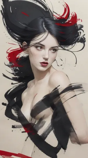 Minimalist sketch painting. Old yellowed parchment, ink blots, bold black strokes, female, simple composition, striking usage of minimal red and blue strokes. In motion, mid-twirl, hair swirling around head. Upper body visible. Dynamic. touching. kind eyes. elaborate hair. dark makeup