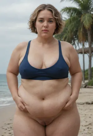 Very fat, cellulite, fifty-year-old blonde, with very short hair, very round, fat face, small mouth, small nose, thick cheeks, double chin, severely sagging, up to the navel, flabby breasts, loose cellulite belly, stretch marks on very thick thighs, on the beach, megachubsdxl, morbidly, obese, <lora:megachubsdxl_13:.5>