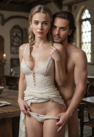 Medieval tavern, blondie woman with long hair and braids, woman wearing medieval short and tight sexy whore costumes with nice and tasteful cleavage barely covering her tits, realistic face, intricately detailed face, sexy look at viewer, 4k, photorealistic, ZipRealism, ohwx, ((man embracing her from behind, woman aiming viewer, man hands on woman hips and lifting woman dress with his hand, nude, exposing woman medieval panties, hands pulling down woman panties)), (((upper body zoom)))