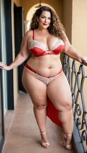 sexy mature, sexy 50 years old, brunette, long wave curly hair, glamour, big hoop earrings, necklace, wide hip, wide shoulder, thick body, very thick legs, curvy, very tall, very saggy tits, huge aureolas, gold necklace, looking at the camera, cellulite legs, cellulite but, huge culottes, long legs, charming, very fat ssbbw, thick calf, very hot and horny, pointed stilettos slingback, pointed slingback stiletto, super high waisted sexy red and white lingerie, high waisted sexy lingerie, very high waisted lingerie, extreme high waist lingerie, sexy smile flirting face, at the balcony, pointed stiletto sling back focus, big culottes, thick strong calf, side body view, front view, super fat ssbbw