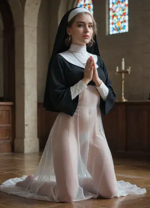 nun, standing on kneels, praying, church, transparent outfit, cameltoe