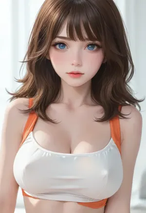 (1girl, brown hair, blue eyes, long hair, bangs), beautiful face, blush, freckles, hands resting on tits, big breasts, perfect body, erect nipples, (croptop, orange thong, white stockings), seductive look, white background, ratatatat74, <lora:cartoon_stickers_xl_v1:.6>, <lora:ratatatat74-000050:1.7>