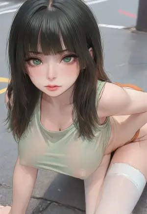 (1girl, black hair, green eyes, long hair, bangs), beautiful face, blush, freckles, hands resting on tits, big breasts, perfect body, erect nipples, (croptop, orange thong, white stockings), seductive look, leaning forward, street background, ratatatat74, <lora:cartoon_stickers_xl_v1:.6>, <lora:ratatatat74-000050:1.7>, <lora:gotou_hitori_xl:.5>