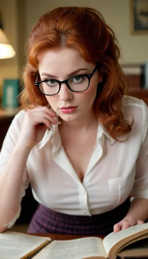 1960s, beautiful curvaceous 22-years-old, redhead, tight pencil skirt, blouse unbuttoned, reading glasses, messy hair