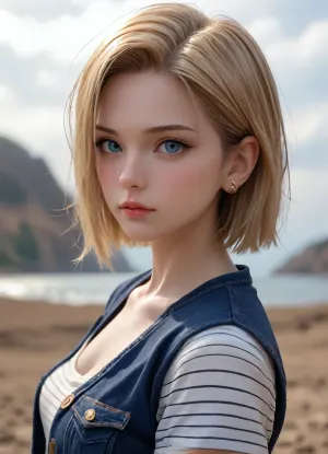 half body, 3/4 view portrait of android 18 of dragon balls, side view, small boobs, striped vneck tshirt, facing side, cloudy, 4ng3l, face, <lora:SDXL_BetterFaces-LoRA_v1:.5>, view from high top, looking at viewer