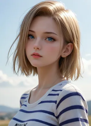 half body, 3/4 view portrait of android 18 of dragon balls, side view, small boobs, striped vneck tshirt, facing side, cloudy, 4ng3l, face, <lora:SDXL_BetterFaces-LoRA_v1:.5>, looking up, view from top, looking at viewer
