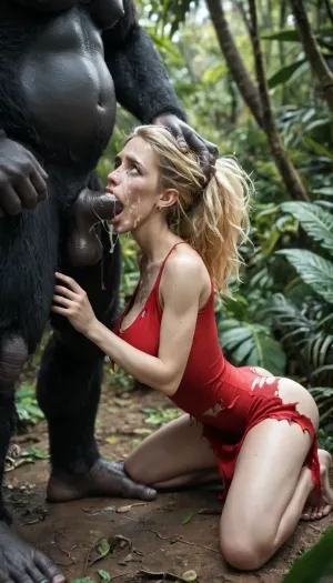 A gorilla's domination: torn dress, sagging tits, and forced intimacy in the jungle