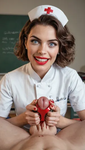 mature gorgeous woman, 1girl, (surgeon:1.4), (surgeon's tools:1.3), with emasculator in hand, big castration tool, sharp castration tool, (squeezing testicles by hand:1.3), grabbing testicles, holding testicles, (testicles:1.3), surgeon cut off testicle, (cutting off the testicles:1.3), surgeon cut out testicles, real castration, castration tool, (castration:1.5), wicked smile, grin, smirk, (testicles are cutted off:1.3), (blood:1.3), (pain:1.3), sly look, beautiful face, cute face, gray eyes, (sharp face features:1.2), (sexy fashion makeup:1.1), red lipstick, black eyelines, dark eyelashes, snub-nose, big lips, (fake lips:1.1), (wide open eyes:1.2), (wide lips), (wide jaw:1.3), short hair, chastity cage, bondage, bounded testicles, (bleeding:1.3), (pov femdom:1.3), (emasculator:1.5), (castrator:1.5), cruel, small penis, pov squeezing balls, nurse squeeze balls by hand, bloodyface, blood, <lora:lora-bloodyface-lite:.5>
