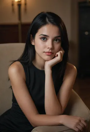 girl 25 years old, straight black hair, cute face, evening black dress, sitting in a chair, head resting on hand, dreamy look, looking past the camera, slight smile