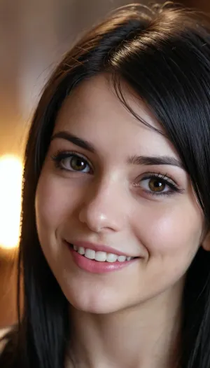 a very close view on face of a beatiful emo girl, she smiles kindly, very natural, long wild black hair