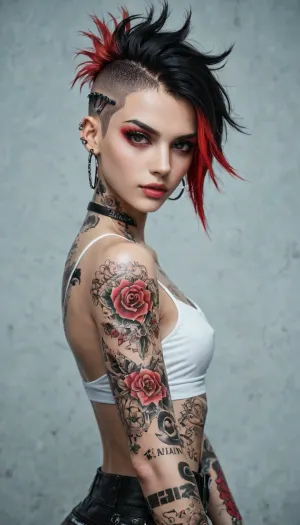 dynamic pose, beautiful, 20 year old, feminine features, <lora:SDXL_BetterFaces-LoRA_v1:1>, <lora:405168_training_data:.6>, italian woman, short punk hairstyle, asymmetrical haircut, dyed hair, multiple tattoos, many tattoos, covered in tattoos, punk aesthetic