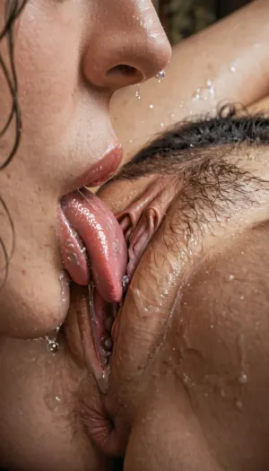 Photorealistic, high resolution, professional photography, (close-up pussy:1.2), zoom on hairy woman pussy, side view, (handsome girl model licking clitoris:1.2), lesbian oral sex, (pussy licking:1.3), (head between the legs:1.3), very hairy pussy, clitoris, tongue, pussy licking, (tongue on pussy:1.3), (tongue on clitoris:1.2), (mouth on pussy:1.3), (cunnilingus:1.4), (detailed tongue:1.4), (saliva:1.6), (wet:1.4), (saliva strings:1.2), (detailed bushy pubic mound:1.3), (nose on pubic mound:1.6)