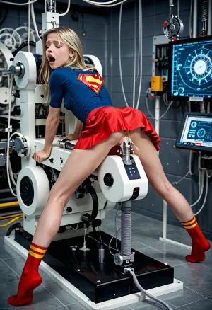 stockings, 20 years old girl, blonde, closed eyes, looking up, perfect face, tall and cute, white skin, very big tits, naked, slim, full body view, bondage, mechanism, fixed, built into mechanism, built in arms and legs, large device, girl inside device, arms and legs fixed inside, stationary restraints, mechanical restraints, small breasts, fucking machine, daylight, wide hips, cheerful face, open mouth, machine, bent over, detailed background, sexmachine, 1girl, spread, legs, cum, in, pussy, stationary, restraints, ((dark blue shirt with supergirl symbol and red skirt))