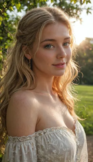 (masterpiece, best quality:1.2), (ultra-detailed:1.3), highres, Disney animation realism, hyper-realistic textures, soft pastel tones, magical lighting, warm morning glow, cinematic beauty, photorealistic, a breathtakingly beautiful young woman in a close-up shot, visible from her chin to slightly above her head, standing in a lush green meadow at sunrise. Her large, expressive eyes shimmer with warmth and innocence, framed by long, delicate lashes, reflecting the golden morning light. Her full, glossy lips curve into a soft, inviting smile, radiating joy and serenity. Her flawless porcelain skin glows softly, illuminated by the gentle sunlight. Her silky, flowing hair frames her face perfectly, catching the first sunrays, shifting between hues of deep chestnut and warm honey. The background is softly blurred, showcasing a dreamy sunrise, golden sunlight filtering through the leaves of trees, creating a warm and ethereal atmosphere. The soft morning breeze gently moves her hair, adding a touch of dynamism to the tranquil moment. Cinematic depth of field, HDR, vibrant color balance, dynamic lighting, ultra-sharp details, high resolution, realistic depth of field, 4K rendering.