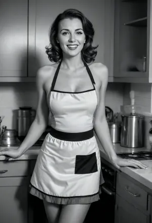 Take a perfect candid analog black and white photo of a quintessential 1950s TV sitcom mom standing in a kitchen with a very 1950s vibe and who is nude underneath a very skimpy apron, (tiny apron barely reaches high enough to cover her nipples or low enough to reach her ass:1.6), (barely safe for work:1.8), busty sexy mom vibes, cleavage, hairy bush, firm ass, smiling and a little naughty, photorealism, side view, black and white