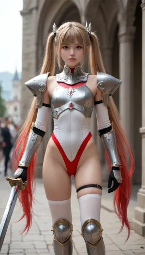 tailred, red eyes, twintails, (armor:1.2), (gradient hair:1.2), (red hair:1.1), blonde hair, (very long hair:1.1), flat chest, leotard, white clothing, headgear, holding_sword, huge weapon, bodysuit, over-kneehighs
1girl, masterpiece, best quality, ultra-detailed, high resolution, super detailed skin, perfect anatomy, detailed, novel illustration, cinematic lighting, outdoors, standing