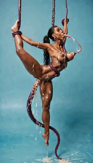 Tentacles, Dark skin ebony woman bending over, full body view, hourglass body, very long sagging breasts, bubble butt, extremely thin waist, long straight ponytail covered in cum, cum everywhere, cum all over body, held up in the air and fucked by tentacles, arms held out and legs spread by tentacles, sucking tentacle, tentacle fucking all holes, stomach and throat bulge, tentacles sucking nipples, body suspended in air by tentacles