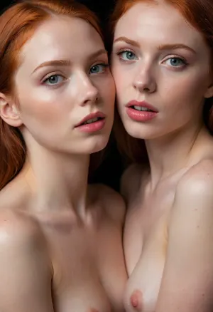 full body shot, symmetrical, perfect symmetry, two 18 yo red head identical twins, nude, one is licking the other's face, embracing, lesbian sex, touching each other, sensual, lovers, identical twins, high detail faces, Ultra-Realistic Photography, Flickr Trending, Pinterest Trending, Insanely Detailed & Intricate, Realistic, Authentic, Genuine, Natural, Cinematic Lighting, Dramatic, Theatrical, Atmospheric, Evocative, Mood Setting, Award Winning Photography, Acclaimed, Recognized, Famous, Honorable, Award Winning, Sharp Focus, Crisp, Clean, Precise, Clear, Distinctive, Masterpiece Photography, Iconic, Exceptional, Unusual, Stunning, Gorgeous, Studio Photography, Controlled, Polished, Professional, Exquisite, Perfect, Nikon, High Quality, Reliable, Durable, Precision Engineering, Cutting Edge, Unfiltered Photography, Natural Looking, Unedited, Raw, 8K Photography, High Resolution, Crystal Clear, Ultra Detailed, Breathtaking, Realistic Skin Texture, Photorealistic, Hyperrealistic, Hyperrealism, Very Realistic, Extremely Realistic, Highly Accurate, Stunningly Accurate, Highly Detailed, Intricate, The highest quality image that showcases photorealism with vibrant light and dynamic pose. The details are intricate and crystal clear, making it a masterpiece in ultra-high resolution. Indirect lighting enhances the realistic material texture and fine details. The background is detailed, and the subject is captured in a full-size photograph with the entire body visible. 85mm lens, 4k, Canon 5D, ZEISS lens, high quality, sharp focus, shot on Canon EOS R6, 135mm, 1/1250 sec, f/2.8, ISO 400, ALL SIZE PHOTO, full body visible