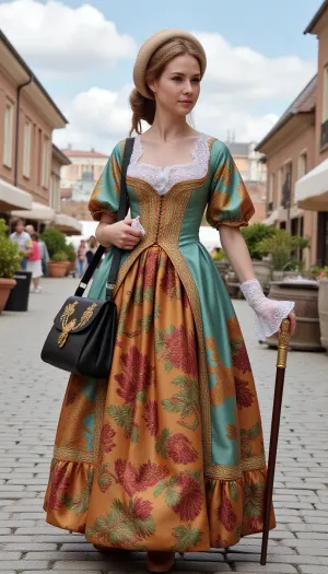 woman vibrant rococo-dress silk, gold trim lace. hat. carries black satchel bag decorative gold emblem. stands on cobblestone path mid-18th-century European city classical architecture tents. sky light blue white clouds. hyperrealistic style detailed textures fabrics hair objects. ornate walking stick. figures period-style clothing ground. Impressionistic brushstrokes depth atmosphere hyperrealistic renderings. Focus detail lace embroidery textures fabrics. scene feel elegant detailed focus woman attire main
