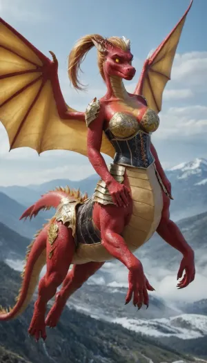 masterpiece, best quality, highly detailed, highly detailed face, solo, ((anthro red dragon body:1.5), humantaur with second draon body, four legs), long hair, golden hair, ponytail, flying, (black armor corset), (huge golden wings), (golden glowing eyes), (silver armor bra), Shiny skin, mountains