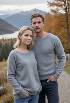 (masterpiece, best quality:1.2), 1 woman and 1 man, woman is swedish film character Rebecka Martinsson, blue jeans, (grey cashmere wide oval neck sweater, long sleeves:1.4), outdoors, white blonde hair, bright ice blue eyes, short haircut with side parting, hair tucked behind ears, Standing in autumn swedish fjell landscape, photorealism, she hugs a attractive swedish police dog handler, he wearing outdoor outfit with cargo pants