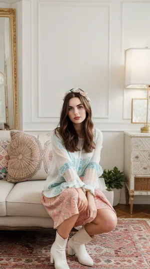 A young woman, positioned in the center-left of the image, is crouched on a patterned rug. She is wearing a white sheer blouse with long sleeves, and a light coral-pink, textured midi skirt. She is wearing white knee-high boots. A red flower-shaped hair clip is placed on her hair, adding a pop of color. Her expression is neutral, and her hair is long and dark brown. She has a medium build. The woman is seated with her legs bent beneath her, and her upper body tilted slightly towards her right side. The light is soft and diffused, casting no harsh shadows. The background shows a white couch with dark blue throw pillows. The overall style is fashionable and modern, with a touch of vintage flair. The carpet is cream-colored with teal and pink floral patterns, adding texture and color. The lighting is balanced, highlighting the woman's features and the clothing's texture without harsh contrasts. The perspective is slightly downward, focusing on her crouched pose and the patterned rug. The image is well-composed and showcases details of the clothing, accessories, and environment.