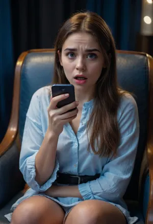 UHD 8K, (shy Christian girl sitting in an armchair and staring at her phone), (it is dark and her face is illuminated by the blue light her smartphone), (she is shocked and disgusted as she discovers that someone posted deepfakes of her on the Internet), (horror-struck:1.3), (night time:1.3), (her mouth is wide open in shock), (she is frowning), (she is extremely taken aback), (her gaze is locked her phone's screen), (realistic proportions), (perfect hands), surprised, look, girl