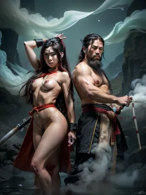 anime.comics .nude.beard and hair are long . realism. ultra. kunfu .tantra.. ninja. chi energy. A old man fog kungfu master and a woman stand next to each other in a state of combat kunfu, controlling streams of green smoke in the style of kung fu .the streams of sexual energy of all the elements.
Kung Fu dance with the elements It's all made up of smoke
