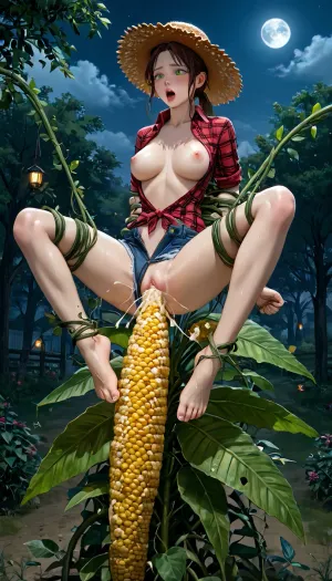 masterpiece, best quality, highly detailed, (anime:1.2), BREAK, (focus on girl:1.2), ((solo)), ((a gorgeous 25 year old white farmgirl, outside, sitting on top of a giant tall corn cob at her farmhouse, together with a plant monster having sex)), ((arms and legs restrained by vines from plant)), (riding on top of plant's corn cob, reverse suspended congress, vaginal penetration, corn cob too big for girl and stretches pussy to breaking point, lifted in mid-air by corn cob inside her pussy, corn cob penetrates her pussy and lifts her off her feet, feet not touching ground, air between feet and ground, cum from corn cob dripping from her wet pussy, pussy juice:1.4), (plant vines sliding between her breasts, sliding all over her, vines coil and wrap around her breasts, arms, legs, hip, ankles, vines caressing and groping her body:1.4), ((ahegao, moaning, aroused, intense orgasm, orgasm)), (girl moans out of sexual pleasure), natural B cup breasts, (brown ponytail hair:1), (green eyes:1), slim, athletic, sweaty, gymnast body, (wearing an open plaid shirt, revealing breasts, nipslip, no bra, unzipped denim shorts, straw hat, barefoot:1.3), (night, nighttime:1.2), (dark theme:1.2), fireflies, the moon, (illuminated only by the warm lantern light from the lantern sitting on the porch), stars, RAR, <lora:MeMaV3_ill:.5>, <lora:add_details_xl:.5>, <lora:Better Anime Backgrounds - [Background] - SDXL Version 1:.5>, <lora:RAR 0.4v:.5>