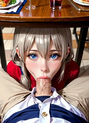 (First person pov), (luxurious restaurant interior), (Uzaki Tsuki in her knees under the table sucking the viewer’s dick all the way to the balls), (deepthroat), (stealth sex)