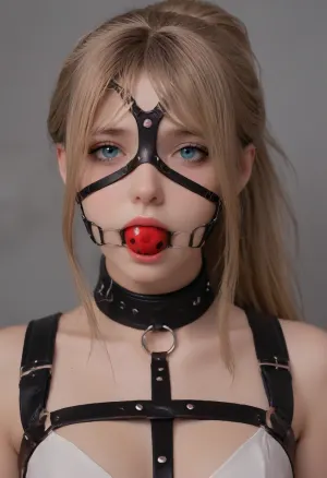Portrait, 8k uhd, high quality, high resolution, all of focus, ultra-detailed, professional photography, photorealism, realistic, sharp line, beautiful sexy fit dark goth girl, beautiful face, long hair, ponytail, dark blonde hair seductive face, makeup, mascara, smeared mascara, exposed tits, dark lipstick, slave collar, harness, garter, straps, cupless, ((harness ball gag)), (((haness ballgag, face harness, harness gag, trainier gag, big harness))), <lora:Harness_Straps_sdxl:.9>, <lora:ballgag:1>