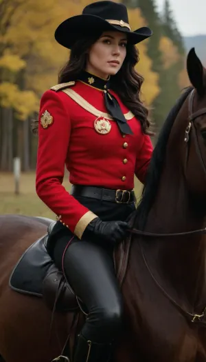 Beautiful 23 yo woman with long black wavy hair, large round perfect perky tits, hip length hair, ridding a horse wearing a full RCMP ceremonial uniform, black serge breeches with yellow stripe, high brown leather boots, scarlet serge RCMP tunic, brown leather gauntlets, felt stetson