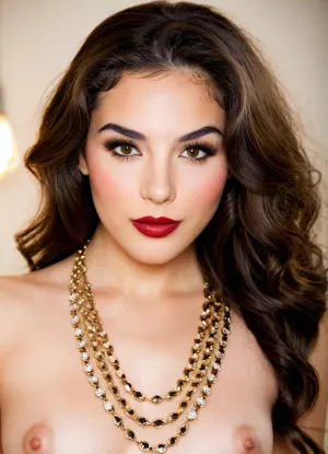 "A portrait image of an elegant sexy Iranian woman, with striking features that highlight her natural beauty. Her skin is smooth and radiant, with a warm olive tone. Her eyes are deep brown, with bold, dramatic eyeliner that accentuates their shape, paired with long, voluminous lashes. Her eyebrows are thick and perfectly shaped, naturally arching over her eyes. Her lips are painted with a rich, deep red lipstick, adding a classic, sophisticated touch. Her hair is dark and glossy, styled in soft waves that fall gracefully around her face. She wears a delicate, intricate gold necklace and subtle, elegant jewelry. The lighting highlights her flawless makeup and soft, natural beauty, with a focus on her expressive eyes and the precision of her makeup. The background is soft and muted, emphasizing her striking features and the warmth of her appearance."