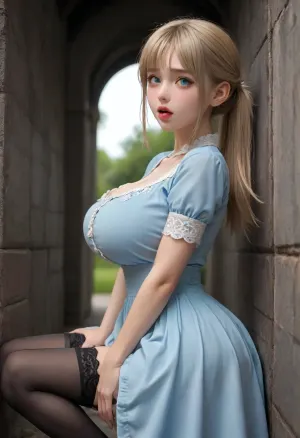 model, straight bangs, (standing:1.3), side view, (hyper seductive:1.3), hyper, (hyper beautiful:1.3), full lips, tight light blue dress, blonde, (hair strands on face:1.3), tight dress, bust shot, hyper huge bulging boobs, hyper sucked in stomach, hyper sexy waist, focus on hyper big squeezed boobs, skimpy dress, hyper orgasm, blushing, sexy neck, black stockings, (hands between thighs:1.3), long legs, ultra goregous, long eyelashes, siren eyes, close up, covered boobs under dress, shocked, thinwaist, (bulging nipples under dress:.3), mole under the eye, light blush, longeyelashes, looking at viewer, huge breasts, lush, Creampie, happy, aroused, Leg spread, squat, (tongue stuck out:1.3), frowning, cheeks full puffed out, cute, look up, masterpiece, best quality, highly detailed, squatting, open legs, hyper detailed skin, large anime style oversized grey pleading eyes, huge, anime, eyes, (ultra, HD, quality, details), (green, eyes), KimberlyNobodySD15, <lora:huge_anime_eyes:1.1>, <lora:EnvyZoomSliderXL01:.8>, <lora:add-detail-xl:.6>, <lora:765092_training_data:.5>