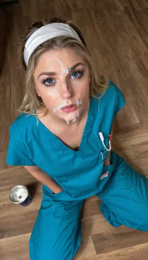 ((cum covered face woman)), (21 year old nurse:1.4), ((wearing blue nurses scrubs, blue nurses scrub top, blue nurses scrub pants:1.5)), ((high angle shot, on knees looking up into the camera:1.3)), ((she's holding an empty plastic sample cup with her hands:1.5)), (soft focus, perfect lighting, professional photography), (ultra realistic, realistic, photorealistic, photo realistic, photorealism, photo realism), (maximum quality, ultra-detailed, insanely detailed, highly detailed, high quality, uncompressed, raw source photograph), (highly detailed eyes, high resolution eyes, high quality eyes, highly detailed skin, detailed skin texture, highly detailed hair), (same color eyes, symmetric eyes, matching eyes, detailed eyes, detailed iris, detailed pupils, limbal ring around iris, perfectly round iris, perfectly round pupils), (striking eyes, captivating eyes, mesmerizing eyes, glittering eyes, Fae eyes), (highly detailed skin, detailed skin texture, highly detailed hair), (bleach blond hair with dark roots, high ponytail), bukkake, facial, breasts, stomach, covered, in, perfect, woman, cum, on, face, <lora:MS_Real_XL_Bukkake:.5>, <lora:Facials:.5>, <lora:JustCum:.5>