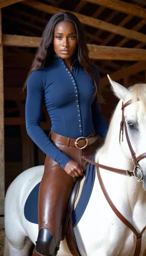 An dark black skinned ebony woman Equestrian with blue eyes and freckles wearing riding breeches, flashing her huge saggy tits, at the barn with well defined tanlines and long hair