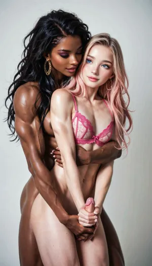 ((1 sexy black skin 50 years very muscular woman behind)), 1 sexy small femboy 18 years and full feminized with pink lingerie and small dick, male focus, (handjob), fondling, (reach-around:1.3), reacharound, woman behind femboy, nude, long hair