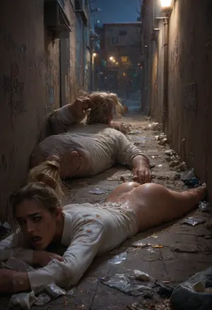 Night, dimly lit, weak street light, dirty alley, garbage everywhere, graffiti on walls, ((businesswoman lying on stomach and fucked from behind by dirty homeless man)), ((lying on stomach)), rough, rough sex, hair pull, blonde, straight hair, tanned skin, perfect face, insanely hot, arms tied behind back, torn open white blouse, white bra, exposed massive breasts, lifted miniskirt, panties halfway thighs, high heels, legs spread, beautiful tiny ass, tearful, screaming best quality, lots of detail, award winning photograph