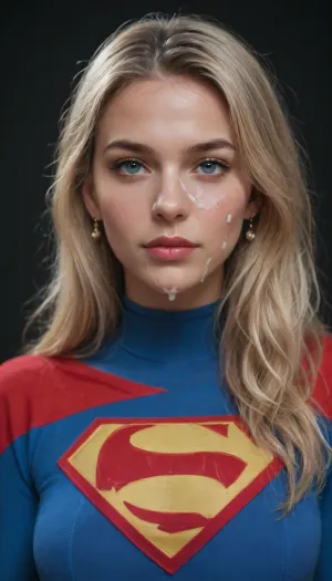 Supergirl, in Supergirl costume, stunning blonde, 21-year-old, stunning, proud, regal, cum on face