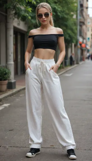 masterpiece, photorealistic, maximum details, an extremely beautiful young woman, massive boobs, blonde hairy pussy, very slim waist, long straight blonde hair tied to a ponytail, twerking, legs wide spread, wearing baggy pants and baggy top and sunglasses, flashing tits in public, full body